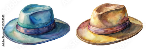 Watercolor hats, vintage style, artistic illustration, fashion accessories, creative design, colorful textures, rustic appeal.