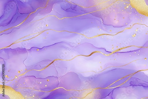 Violet lavender liquid watercolor marble background with golden lines. Pastel purple periwinkle alcohol ink drawing effect. photo