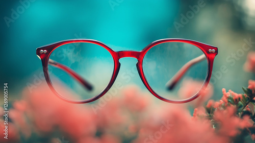 fashion eyeglasses with red plastic  frame isolated on amazing blurred blue and pink  background   photo