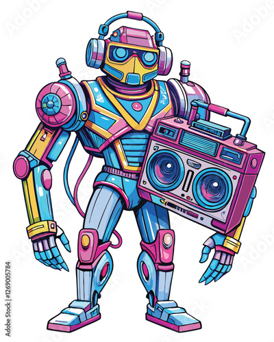 A futuristic robot, bold lines, holding a retro boombox, detailed hand, sci-fi aesthetic.