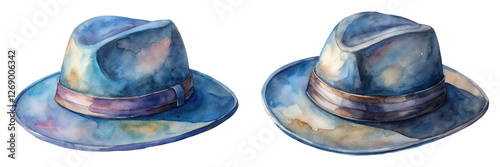 Watercolor illustration of hats, stylish blue tones, artistic design, fashion accessories, vintage appeal.
