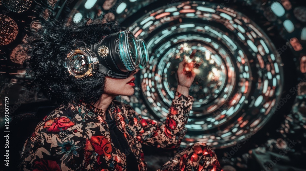 Obraz premium A woman in a futuristic outfit and goggles sits in a spaceship, holding a glowing orb.