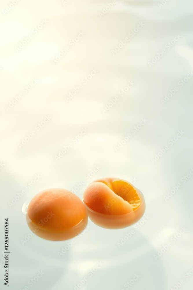 Two fresh ripe apricots float serenely in crystal-clear water, illuminated by soft, diffused sunlight. Two fresh ripe apricots float serenely in crystal-clear water, illuminated by soft, diffused sunlight.