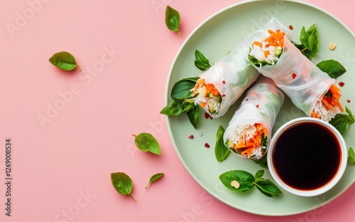 Fresh spring rolls with dipping sauce on a pastel background