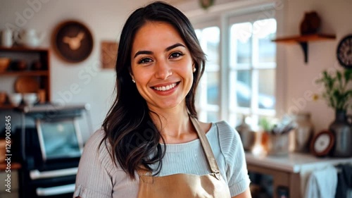 A smiling woman in a cozy kitchen with croissants and fruits, a warm atmosphere, wooden furniture, kitchen utensils in the background are generated by AI
