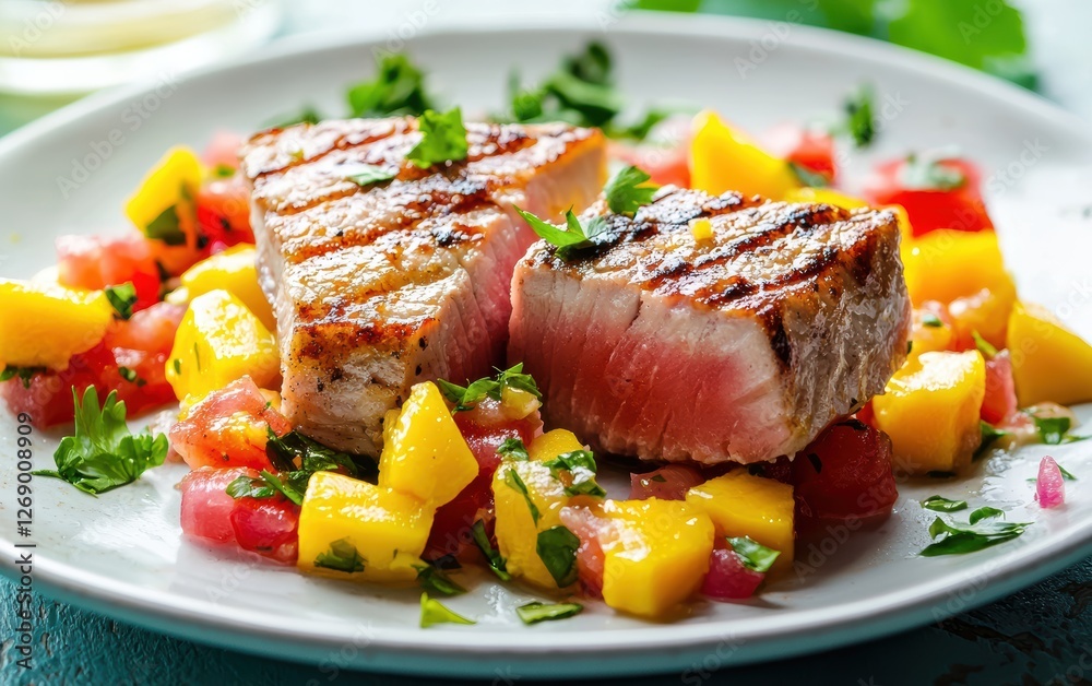 Grilled tuna steak with mango salsa on a pastel background Grilled tuna steak with mango salsa on a pastel background