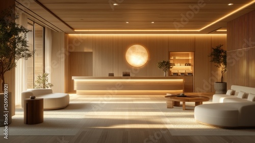 Serene spa reception, moonlit, wooden, minimalist design, calming ambiance