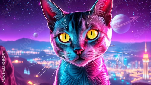 A space cat with bright eyes against the backdrop of a futuristic city and the starry sky, planets in the background, the atmosphere of fiction is generated by AI