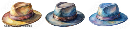 Watercolor hats, vintage style, artistic illustration, fashion accessories, colorful designs, creative artwork.