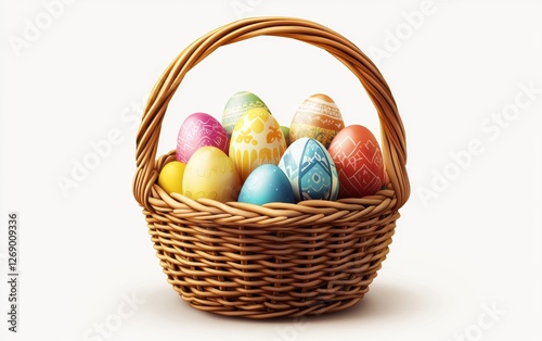 Traditional wicker Easter basket filled with eggs isolated on white