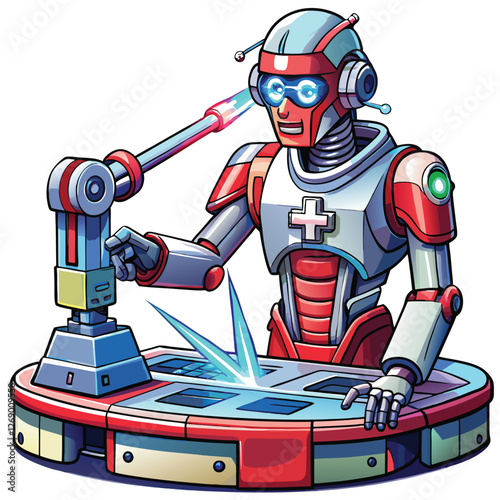 Create a stunning vector illustration of a futuristic AI-controlled medical robot, showcasing intricate detail and sleek design.  Highlight its advanced technology.
