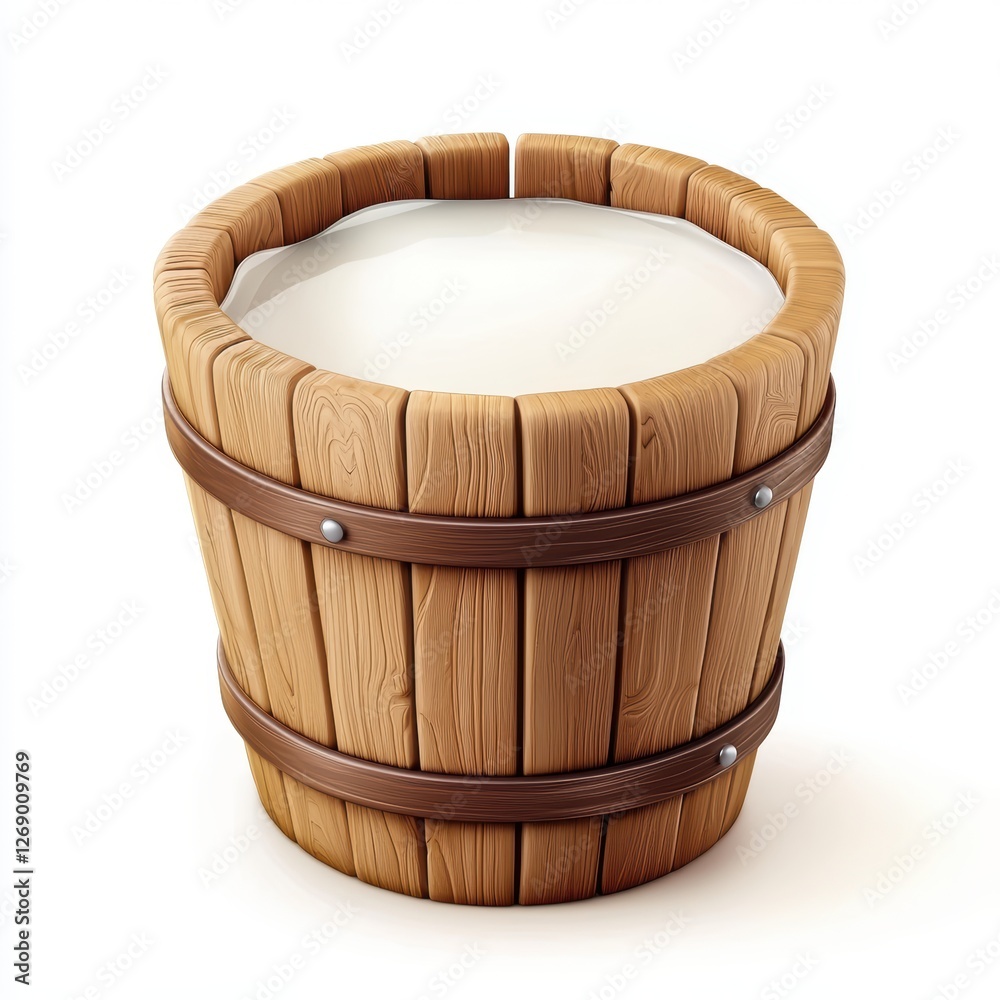 Wooden bucket filled with fresh cow milk isolated on white Wooden bucket filled with fresh cow milk isolated on white