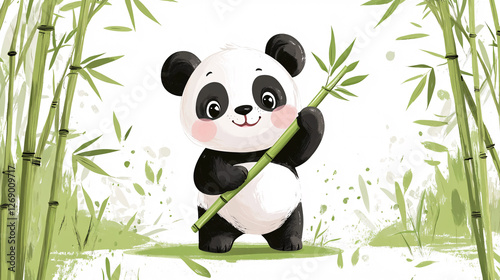 A joyful baby panda tumbling over bamboo shoots, surrounded by bamboo leaves