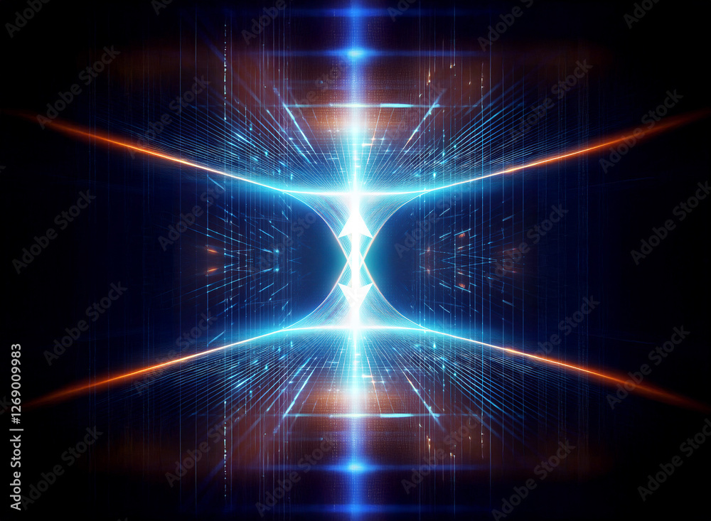 Fototapeta premium Abstract futuristic design with glowing blue and orange lines converging towards a central point on a dark backdrop, creating a technological and dynamic visual.