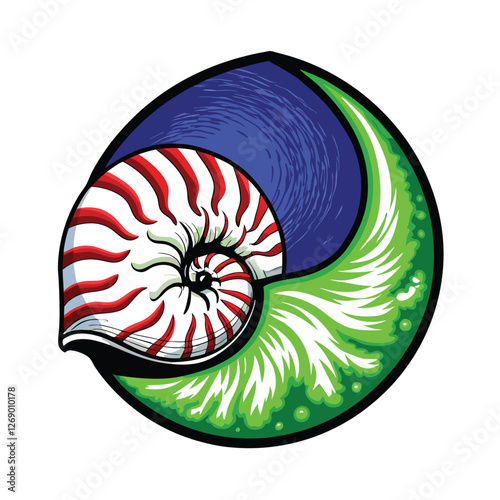 Create a stunning vector illustration of a nautilus shell gracefully floating in a deep blue ocean, showcasing intricate shell details and realistic water effects.