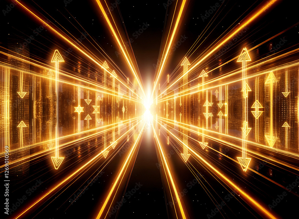 Fototapeta premium Bright streaks of golden light converge in a tunnel-like perspective, illuminated with arrows pointing forward, creating a sense of motion towards a bright center.