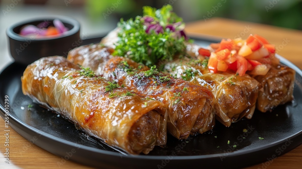 A plate of savory rolls garnished with herbs and vegetables, showcasing a delicious meal. A plate of savory rolls garnished with herbs and vegetables, showcasing a delicious meal.