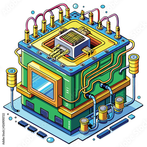 Create a stunning vector illustration of a futuristic quantum computer, showcasing its intricate internal components and liquid cooling system.  Emphasis on sleek design and vibrant color palette.