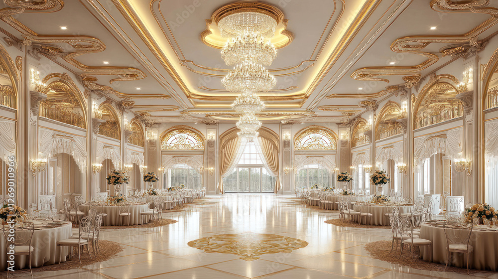 Obraz premium Luxurious ballroom interior, elegant tables set, crystal chandelier, grand hall