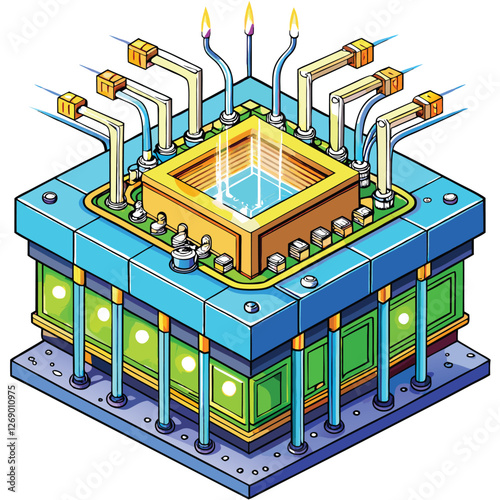 Create a stunning vector illustration of a futuristic quantum computer, showcasing its intricate components and featuring liquid cooling systems.