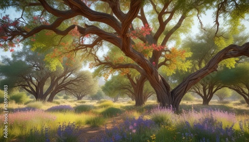 Colorful wildflowers sway gently in the breeze under the shade of a sprawling mesquite tree , wildflowers, botanical garden photo