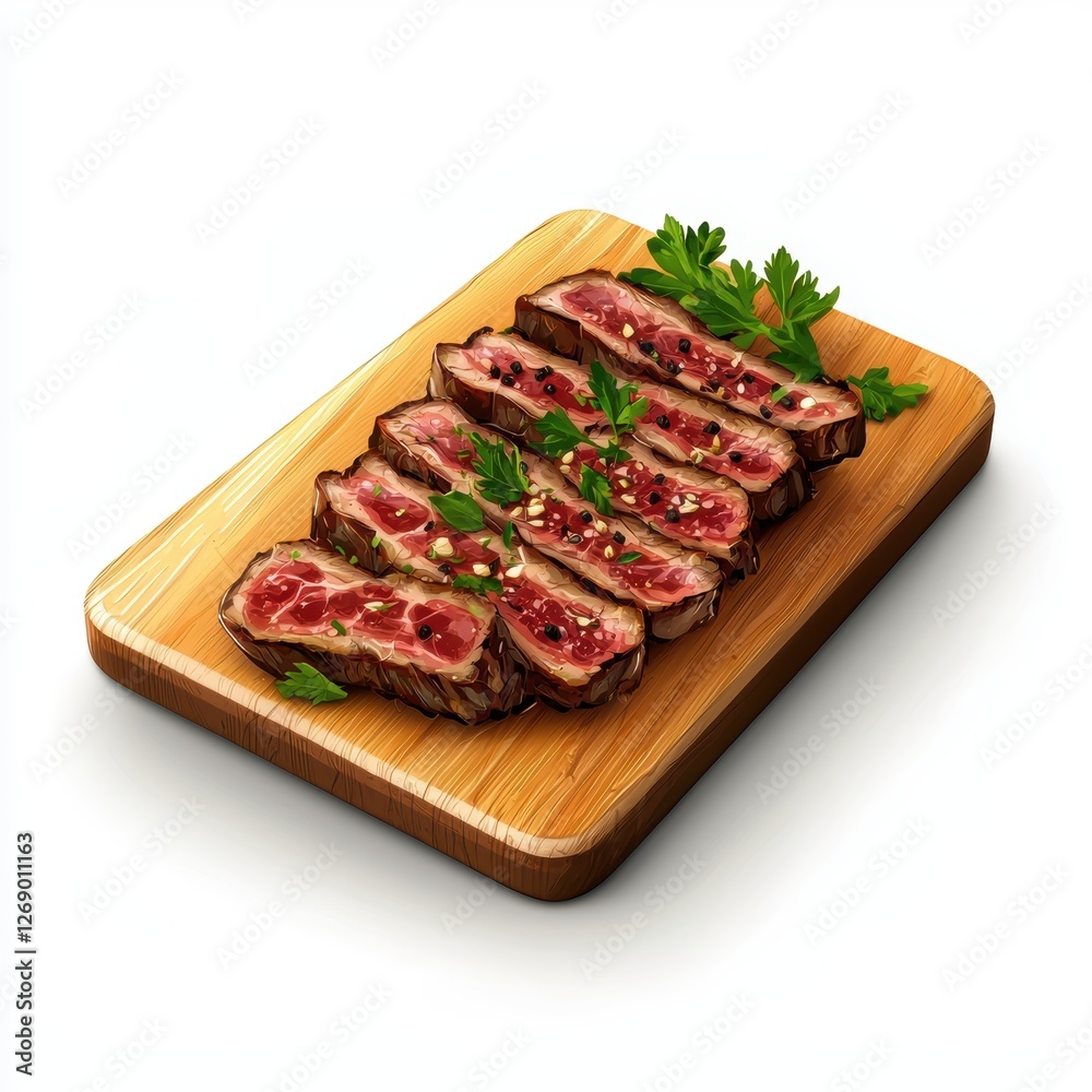 Of Hovering sliced steak on wooden board with fresh herbs isolated on white Of Hovering sliced steak on wooden board with fresh herbs isolated on white