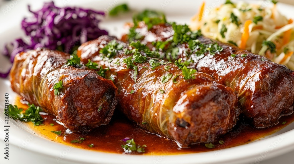 A plate of savory stuffed cabbage rolls with sauce, garnished with herbs and sides. A plate of savory stuffed cabbage rolls with sauce, garnished with herbs and sides.