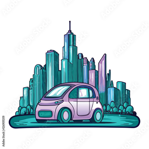 Create a stunning vector illustration of a futuristic smart city featuring automated transport systems, intelligent buildings, and vibrant green spaces.