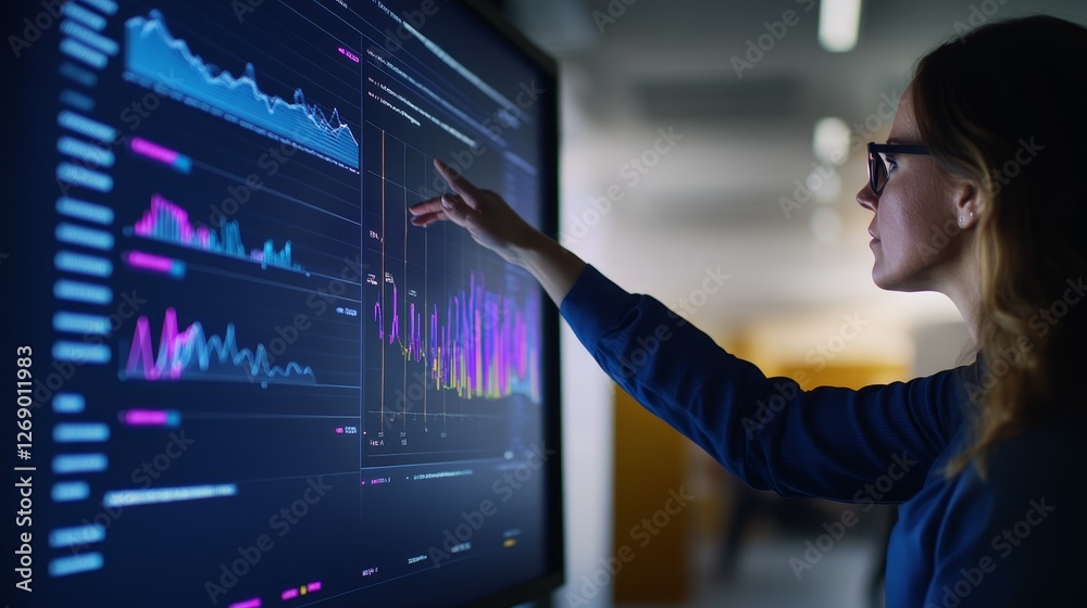 Business professional analyzing data trends on a digital screen in a modern office setting Business professional analyzing data trends on a digital screen in a modern office setting