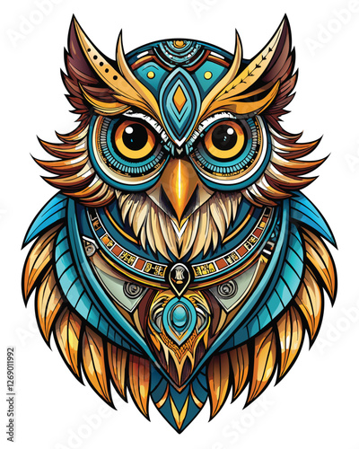 Create a bold line art drawing of a tribal-style owl with intensely glowing eyes.  The owl's feathers should incorporate geometric patterns.