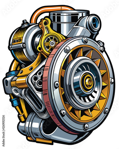 Detailed illustration of a turbocharger featuring prominently displayed mechanical gears, rendered with bold outlines and high contrast.  Show intricate detail.