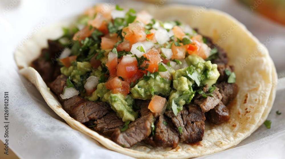 Delicious steak taco with guacamole, salsa, and cilantro. Restaurant food photography for menus Delicious steak taco with guacamole, salsa, and cilantro. Restaurant food photography for menus