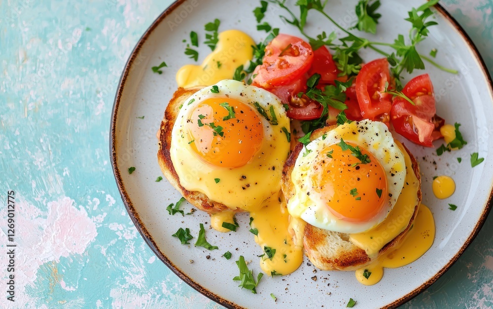 Smoked salmon eggs benedict on a pastel background Smoked salmon eggs benedict on a pastel background