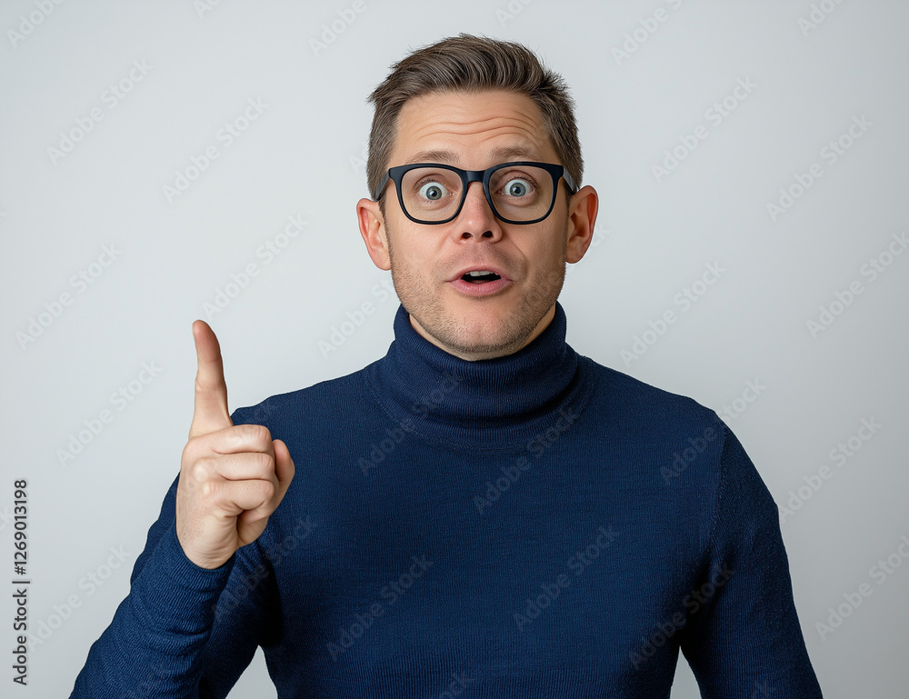 Surprised young man in a blue turtleneck pointing at empty space on a white background. Perfect for advertisements, marketing materials, and creative designs with copy space for text or branding. Surprised young man in a blue turtleneck pointing at empty space on a white background. Perfect for advertisements, marketing materials, and creative designs with copy space for text or branding.