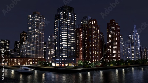 Nighttime Cityscape Illuminating Skyscrapers and Waterfront
