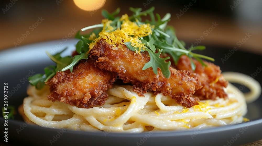 A plate of spaghetti topped with fried chicken and garnished with greens and citrus zest. A plate of spaghetti topped with fried chicken and garnished with greens and citrus zest.