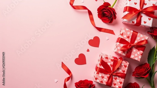 Valentine's Day flat lay composition with gift boxes wrapped in heart-patterned paper and red ribbons, surrounded by red flowers and heart-shaped decorations on pink background. Love, romance concept