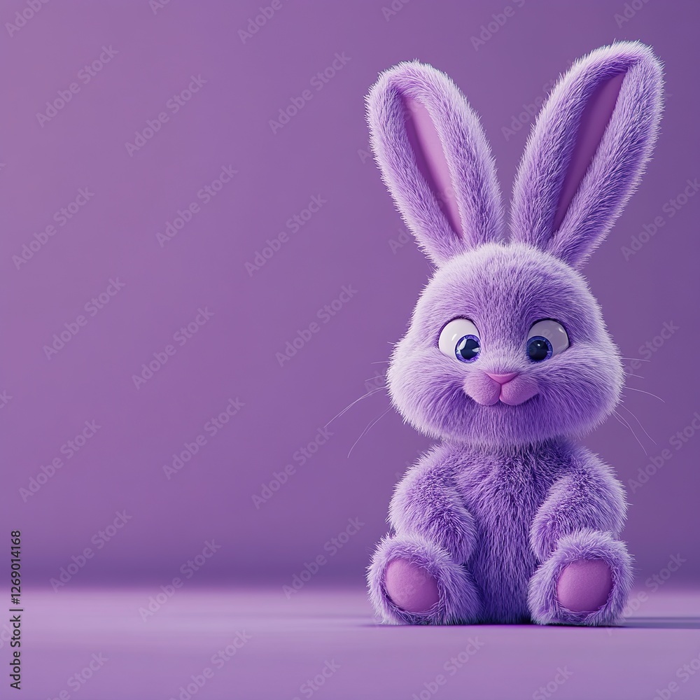Obraz premium 3d Bunny Animation Cartoon Cute Smiling Fluffy Ears Purple Background Copy Space Happy Easter Greeting Card