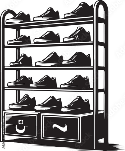 Black Color Shoe Rack Silhouette Vector Illustration design, Solid White Background