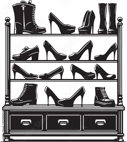 Black Color Shoe Rack Silhouette Vector Illustration design, Solid White Background
