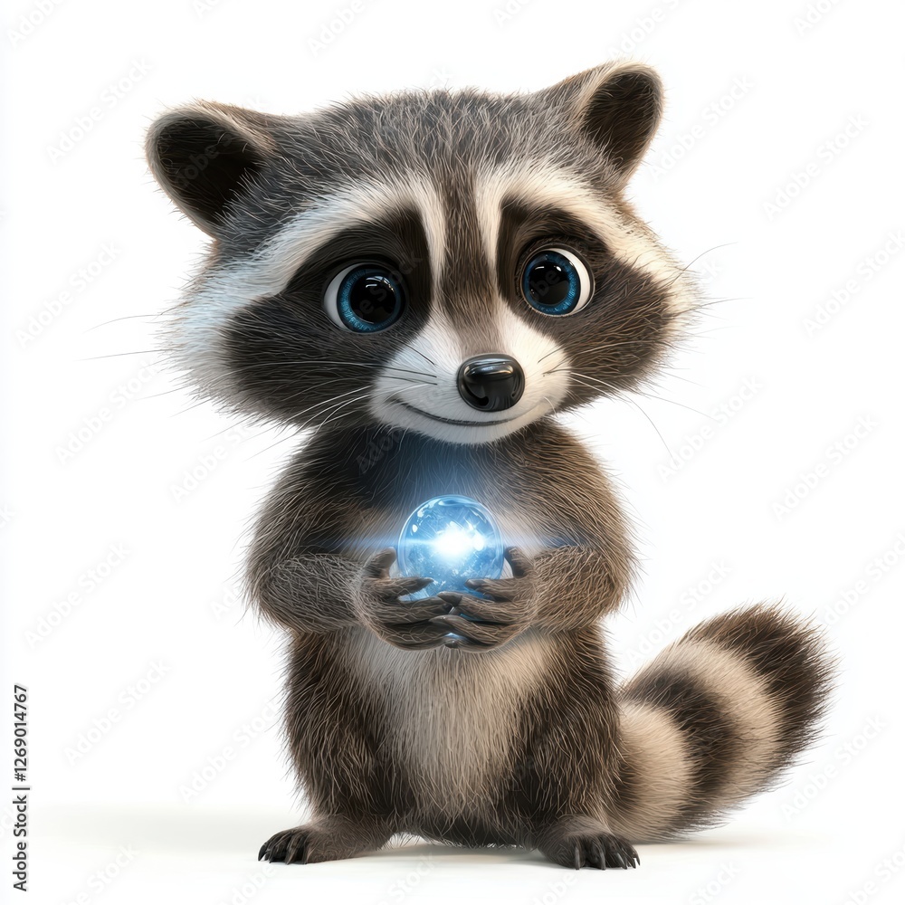 Fototapeta premium Curious raccoon holding a shiny object isolated on white