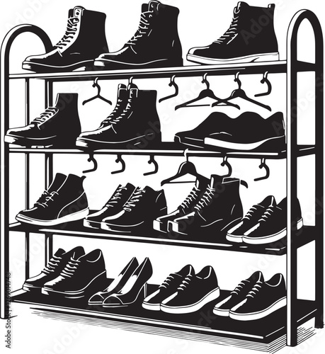 Black Color Shoe Rack Silhouette Vector Illustration design, Solid White Background
