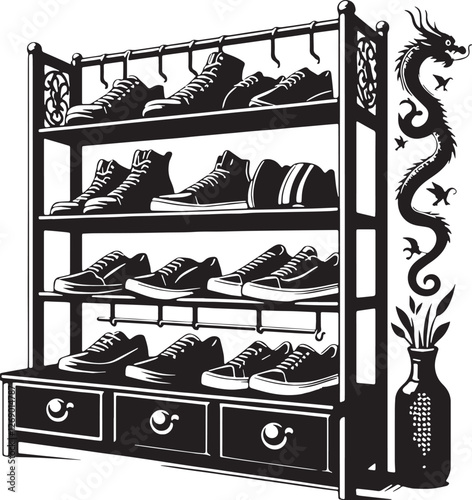 Black Color Shoe Rack Silhouette Vector Illustration design, Solid White Background