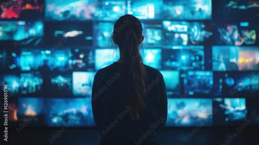Woman Observing a Wall of Screens Displaying Diverse Digital Content Woman Observing a Wall of Screens Displaying Diverse Digital Content