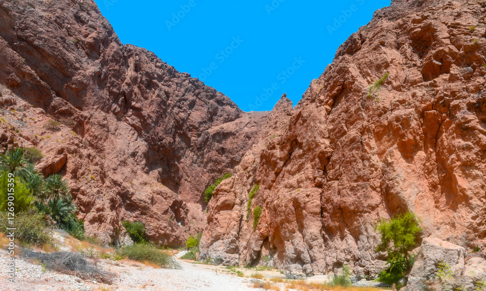 Fototapeta premium Panoramic view of Wadi Shab canyon in Oman