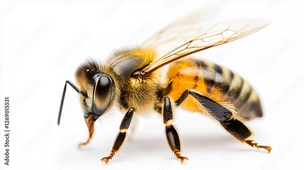 A honey bee, with detailed and clear features, is walking on a centered, isolated cutout on a transparent background under even lighting. A honey bee, with detailed and clear features, is walking on a centered, isolated cutout on a transparent background under even lighting.