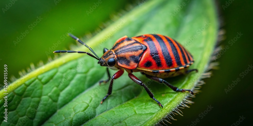 Fototapeta premium Macro Photography: Red and Black Italian Striped Beetle on Leaf