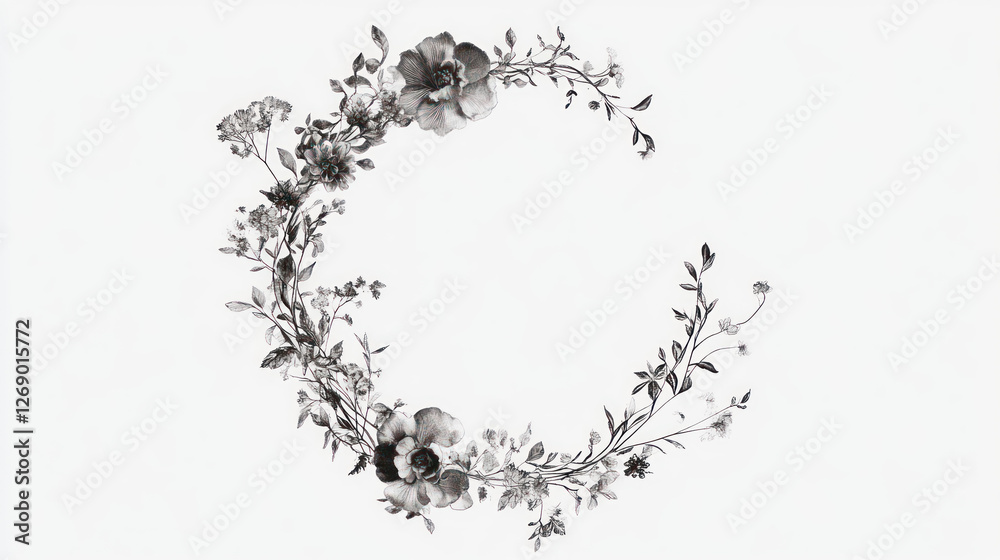 Monochromatic floral wreath frame on white background Monochromatic floral wreath frame on white background