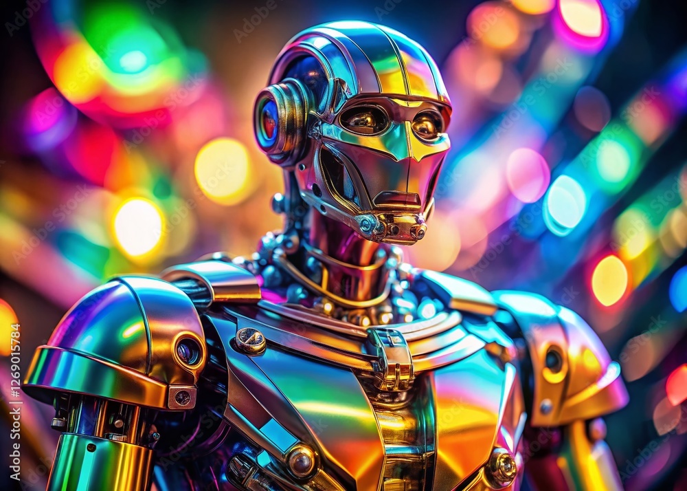 Macro Photography: Robot's Reflective Surface Interacting with Vivid Light Beams Macro Photography: Robot's Reflective Surface Interacting with Vivid Light Beams