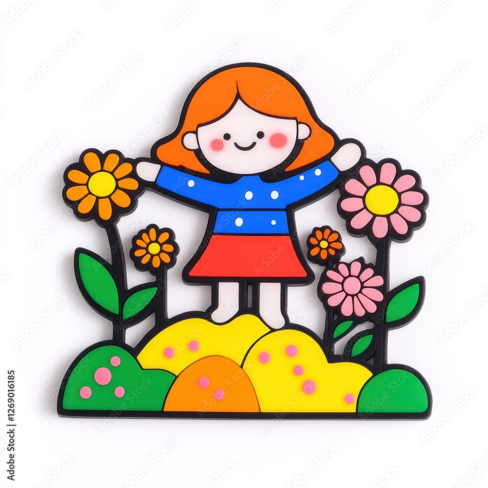 Cheerful Cartoon Girl Surrounded by Colorful Flowers in a Playful Nature Scene